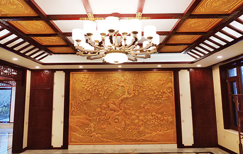 尚义中式别墅客厅中式木作横梁吊顶装饰展示