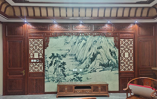 尚义中式仿古别墅客厅背景墙花格木作装饰